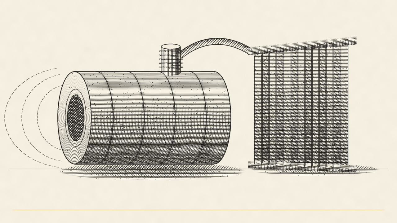 Editorial engraving — a superconducting magnet coil, its cryocooler and a bank of radiator fins joined by a transfer line: parts on the bench, not a vehicle
